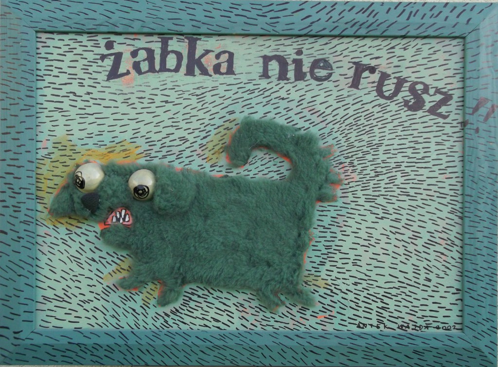 zabka nie rusz, 2002, akryl, futro, pin-pong, na desce, 50x35